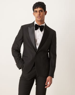 Asos Design Wedding Slim Wool Mix Suit Jacket In Navy Basketweave Texture In Black