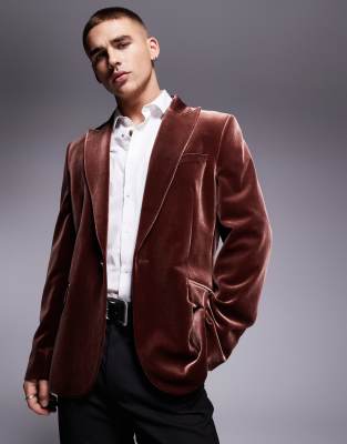 asos ASOS DESIGN slim fit velvet blazer in brown