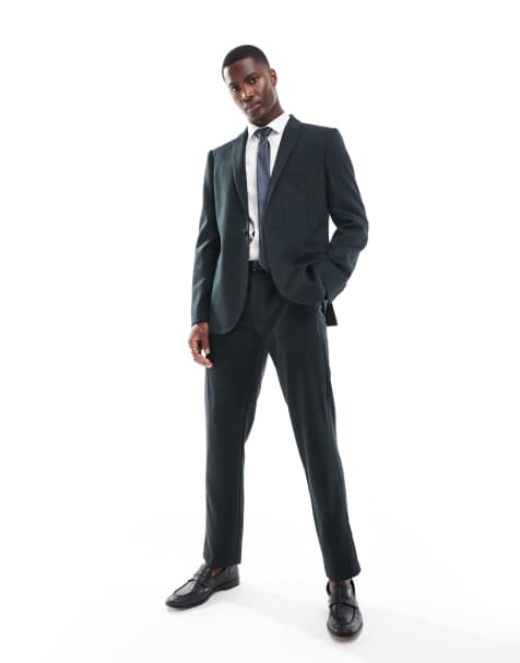 ASOS DESIGN slim fit wool mix suit in herringbone in green - view 1