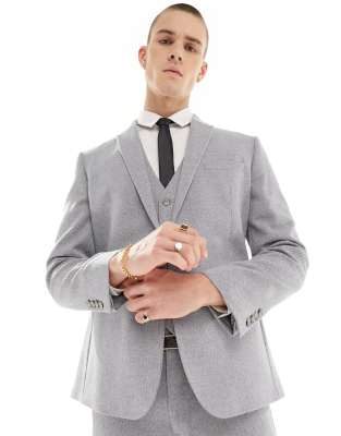 Asos Design Super Skinny Wool Mix Suit Jacket In Charcoal Herringbone-gray