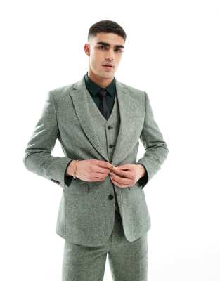 ASOS DESIGN slim fit wool mix suit jacket in bottle green tweed