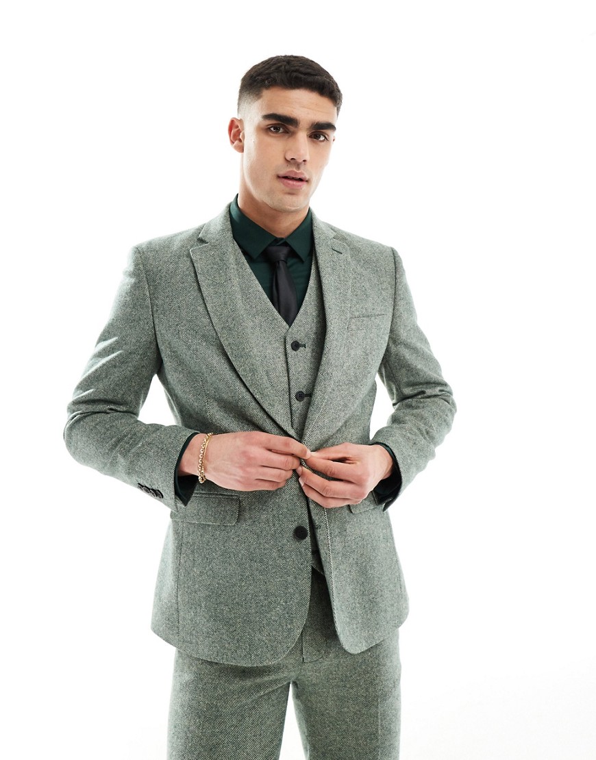 Asos Design Slim Fit Wool Mix Suit Jacket In Bottle Green Tweed
