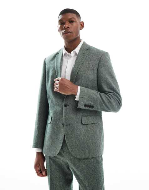 ASOS DESIGN slim fit wool mix suit jacket in bottle green tweed - view 1