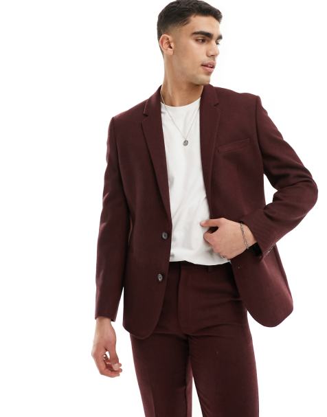 ASOS DESIGN slim fit wool mix suit jacket in burgundy twill - view 1