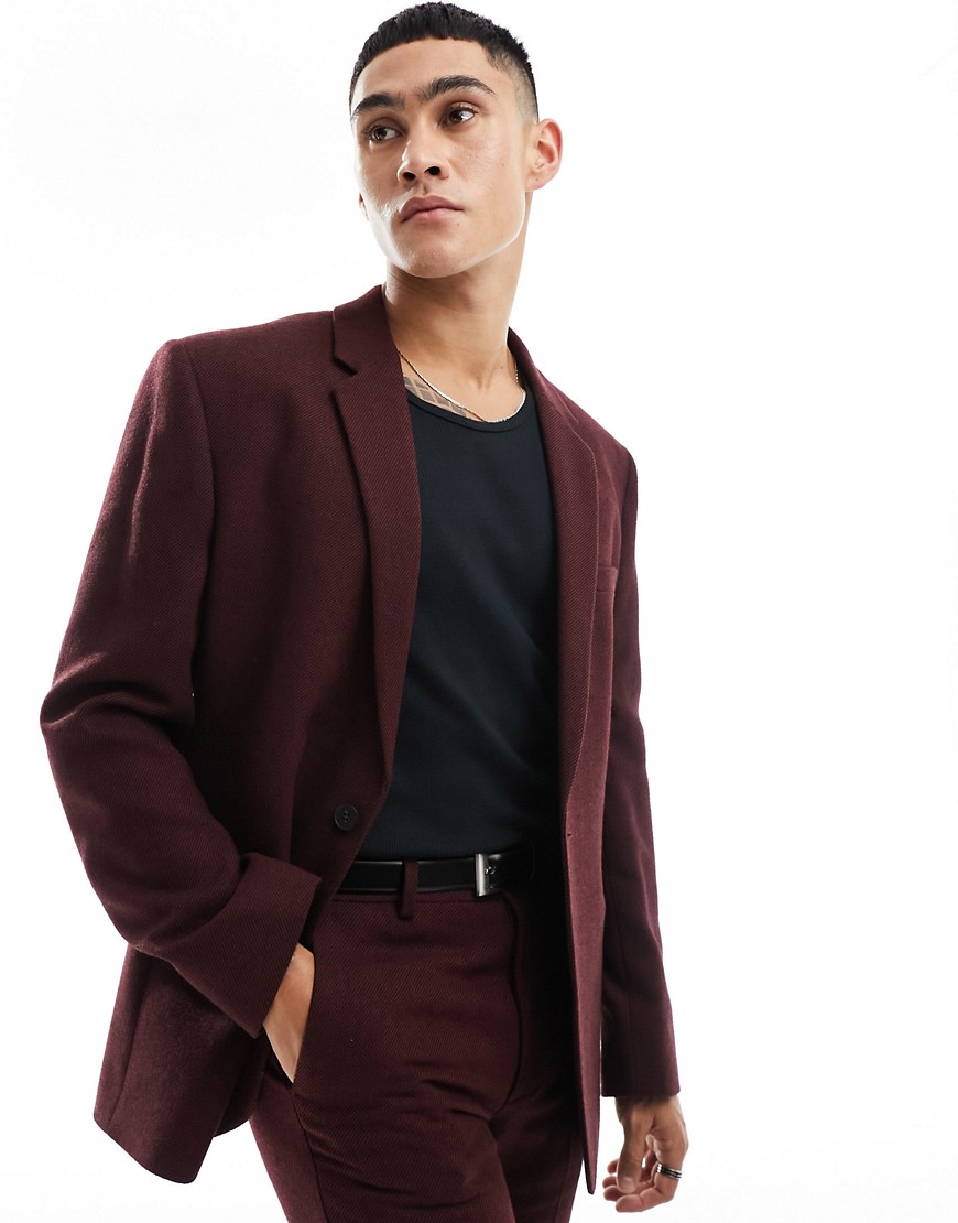 ASOS DESIGN slim fit wool mix suit jacket in burgundy twill-Red