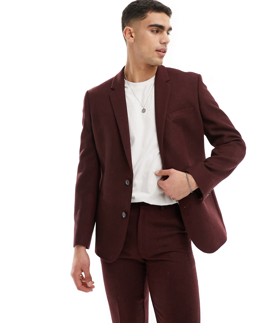 Asos Design Slim Fit Wool Mix Suit Jacket In Burgundy Twill-red