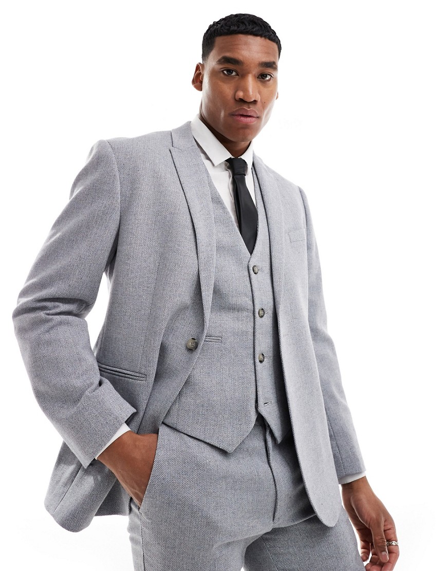 ASOS DESIGN slim fit wool mix suit jacket in grey basketweave-Blue