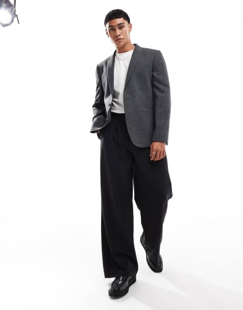 ASOS DESIGN slim fit wool mix suit jacket in herringbone in charcoal - view 1