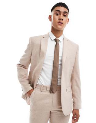 ASOS DESIGN slim fit wool mix suit jacket in pink tweed