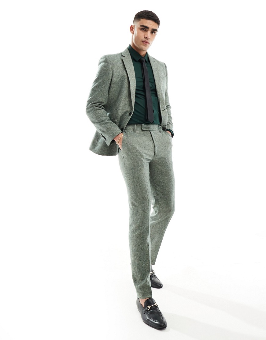Asos Design Slim Fit Wool Mix Suit Pants In Bottle Green Tweed