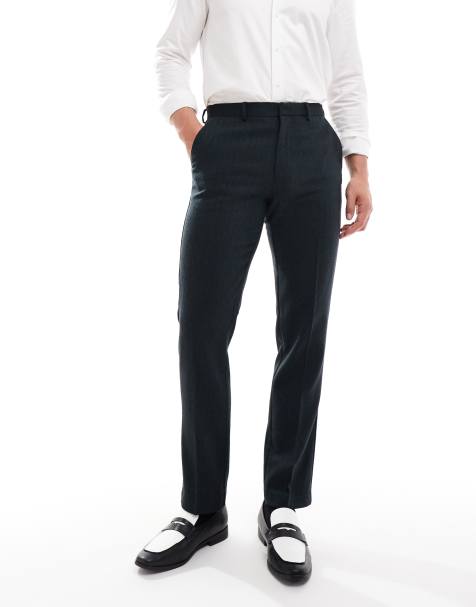 ASOS DESIGN slim fit wool mix suit trouser in herringbone in dark green - view 1