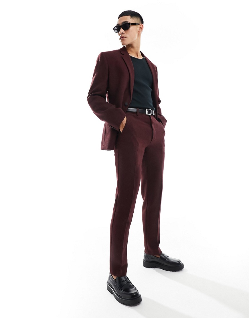 ASOS DESIGN slim fit wool mix suit trousers in burgundy twill-Red