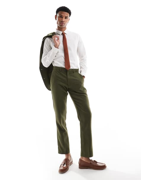 ASOS DESIGN slim fit wool mix suit trousers in khaki twill - view 1