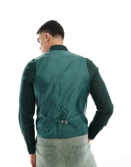 ASOS DESIGN slim fit wool mix suit waistcoat in bottle green tweed, 2 of 5
