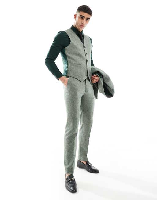 ASOS DESIGN slim fit wool mix suit waistcoat in bottle green tweed, 4 of 5