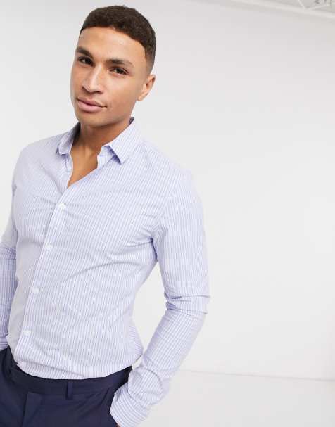 ASOS DESIGN slim fit work shirt in blue and red stripe - view 1
