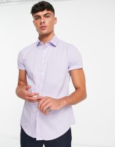 ASOS DESIGN stretch slim oxford stripe shirt in pink in cotton