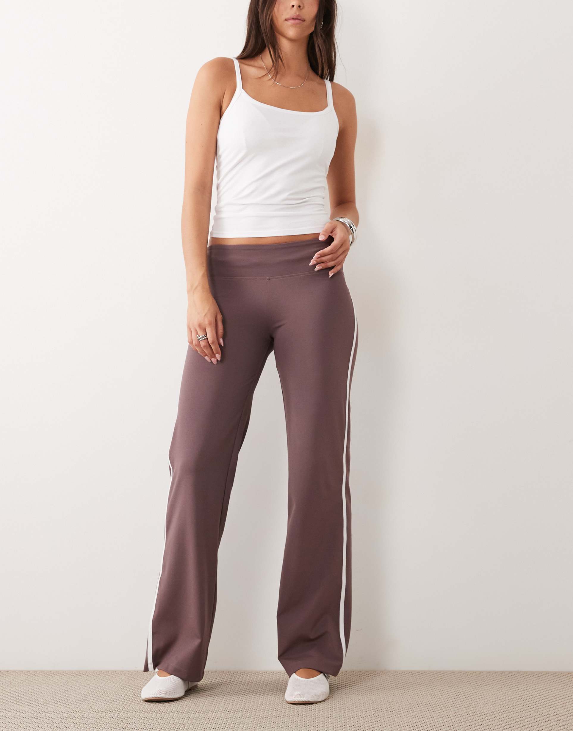 asos design slim fit yoga pants with side stripe in chocolate