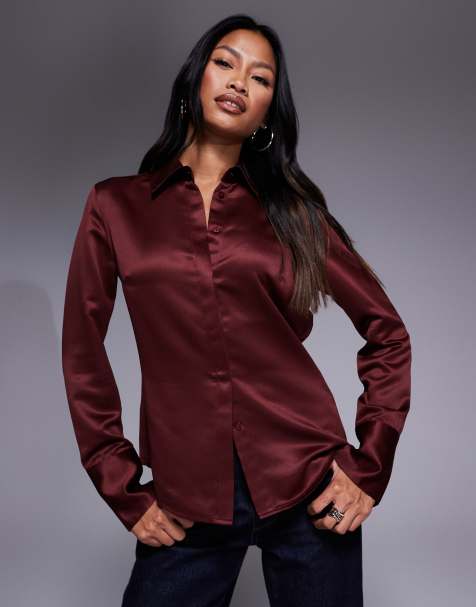 ASOS DESIGN slim fitted satin shirt in burgundy - view 1