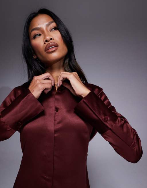 ASOS DESIGN slim fitted satin shirt in burgundy, 4 of 4