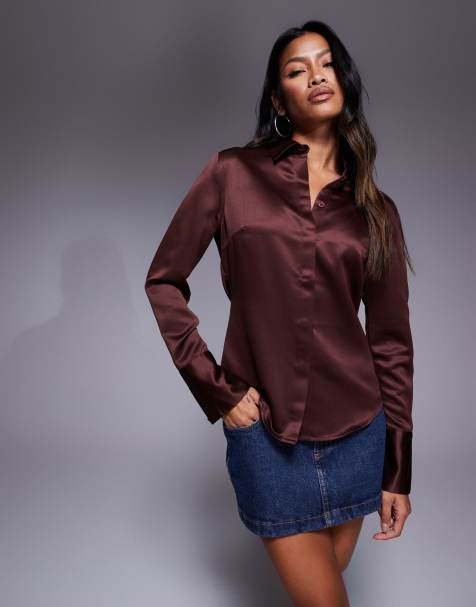 ASOS DESIGN slim fitted satin shirt in chocolate - view 1