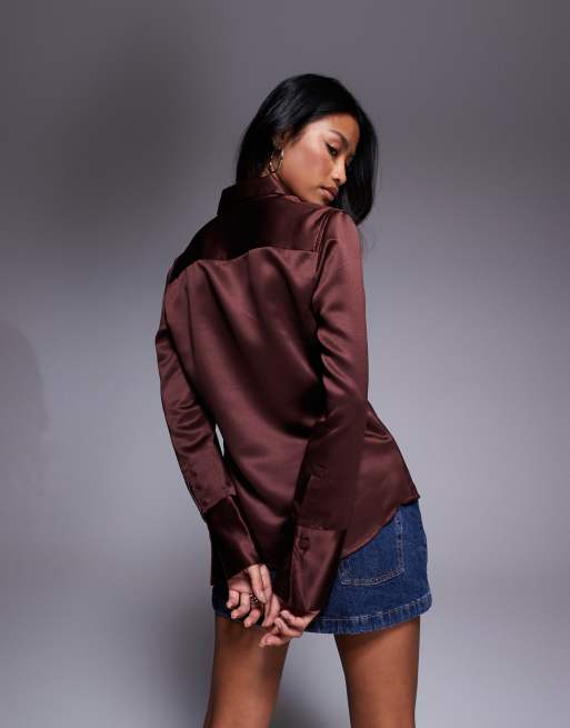 ASOS DESIGN slim fitted satin shirt in chocolate, 2 of 4