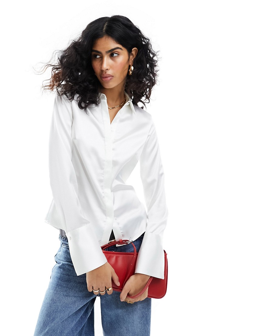 ASOS DESIGN slim fitted satin shirt in ivory-White