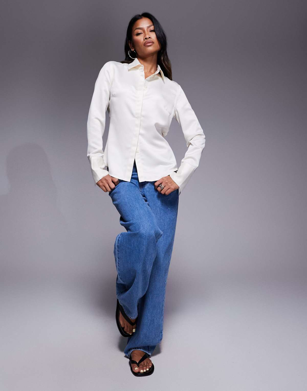 ASOS DESIGN slim fitted satin shirt in off white