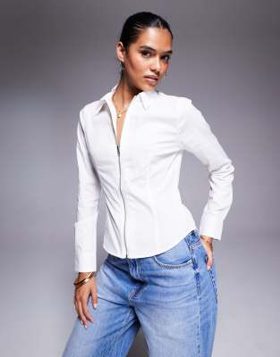 Asos Design Slim Fitted Zip Up Shirt In White