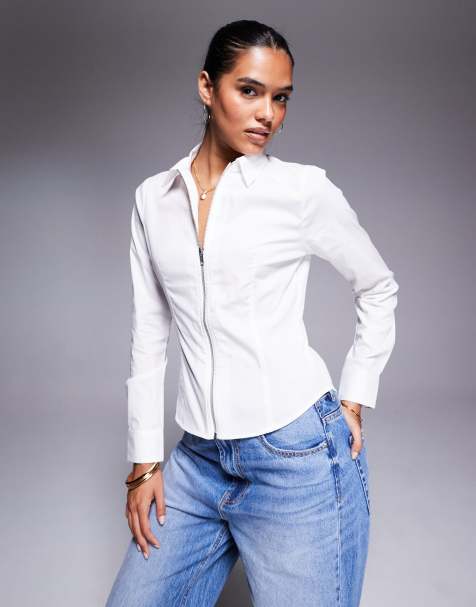 ASOS DESIGN slim fitted zip up shirt in white - view 1