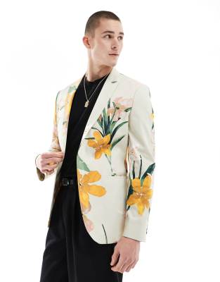 Asos Design Slim Floral Printed Blazer In White