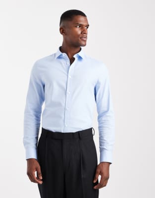 Asos Design Slim Formal Textured Shirt In Blue