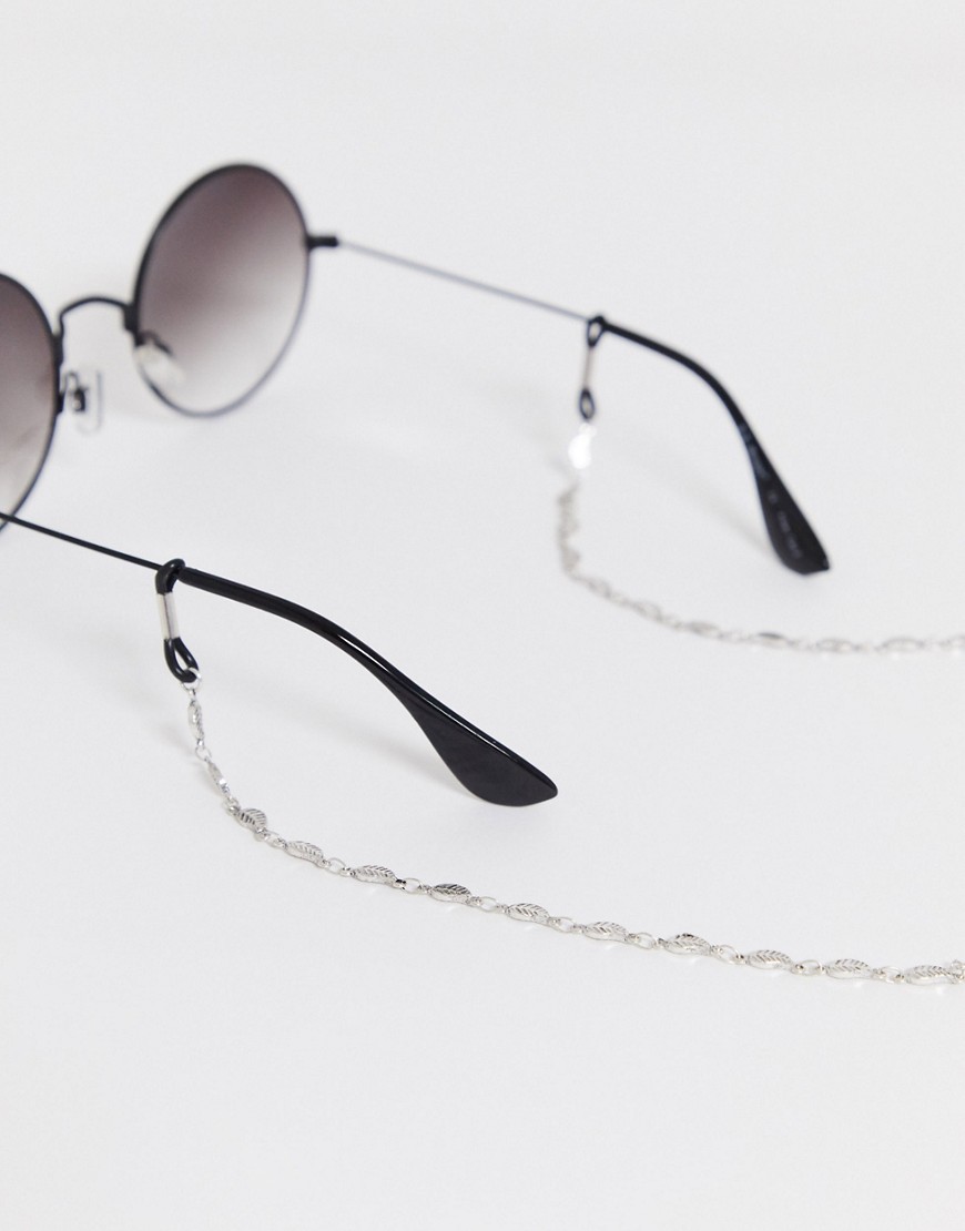 ASOS DESIGN slim glasses chain with ditsy leaf in burnished silver tone