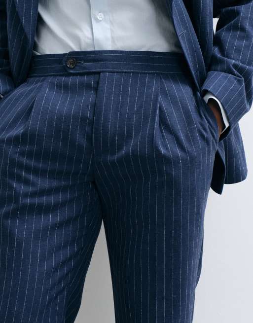 ASOS DESIGN slim habitbukser med hør i navy med nålestriber, 5 af 5