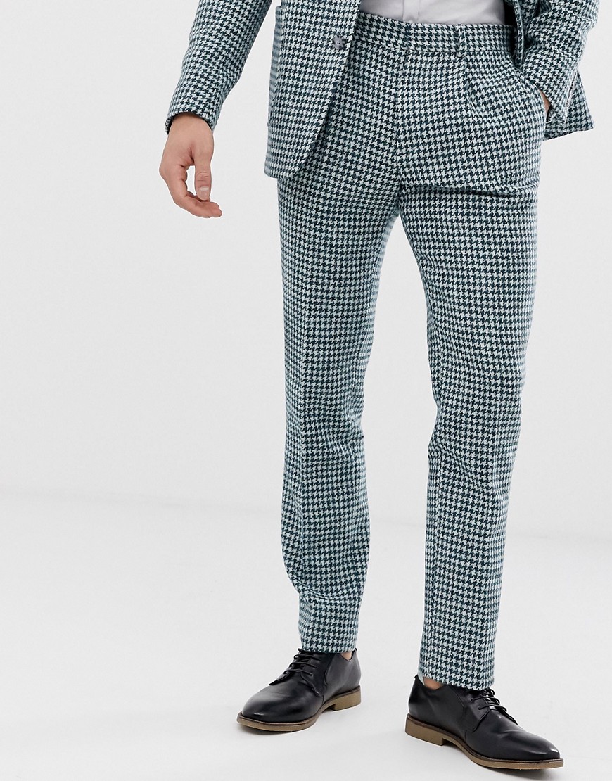 ASOS DESIGN slim Harris Tweed suit trousers in teal and white houndstooth-Green