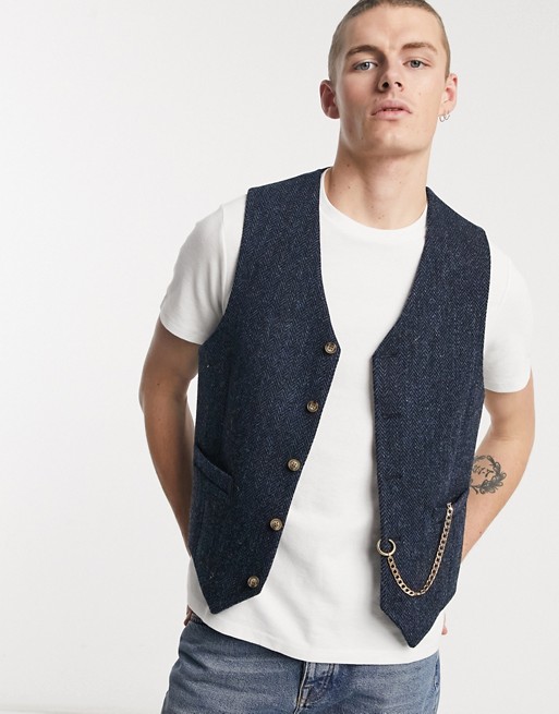 ASOS DESIGN slim harris tweed waistcoat in navy with chain