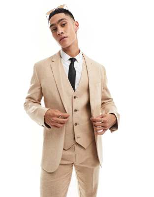 Asos Design Slim Herringbone Suit Jacket With Linen In Stone-brown