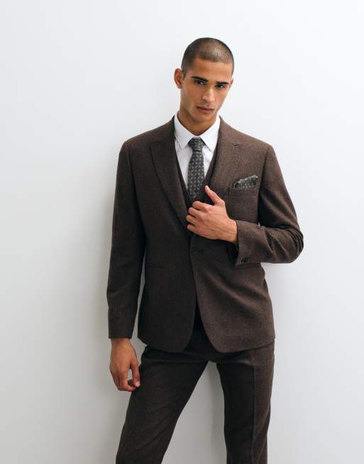 ASOS DESIGN slim herringbone suit jacket with wool in brown, 2 of 5