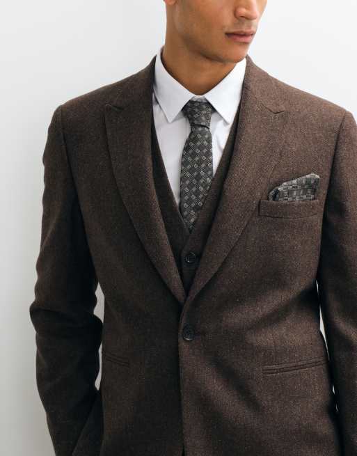 ASOS DESIGN slim herringbone suit jacket with wool in brown, 3 of 5