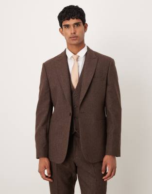 Asos Design Slim Herringbone Suit Jacket With Wool In Brown