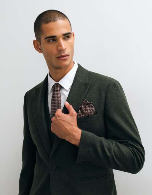 ASOS DESIGN slim herringbone suit jacket with wool in dark green, 3 of 5