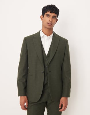 Asos Design Slim Herringbone Suit Jacket With Wool In Green