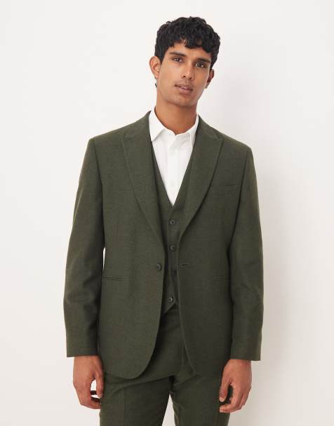 ASOS DESIGN slim herringbone suit jacket with wool in dark green - view 1