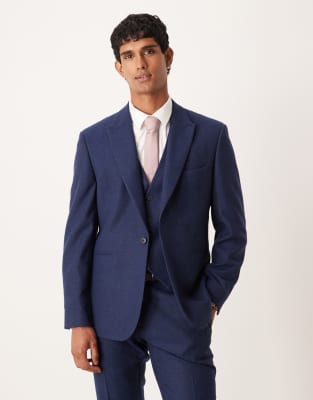 Asos Design Slim Herringbone Suit Jacket With Wool In Blue