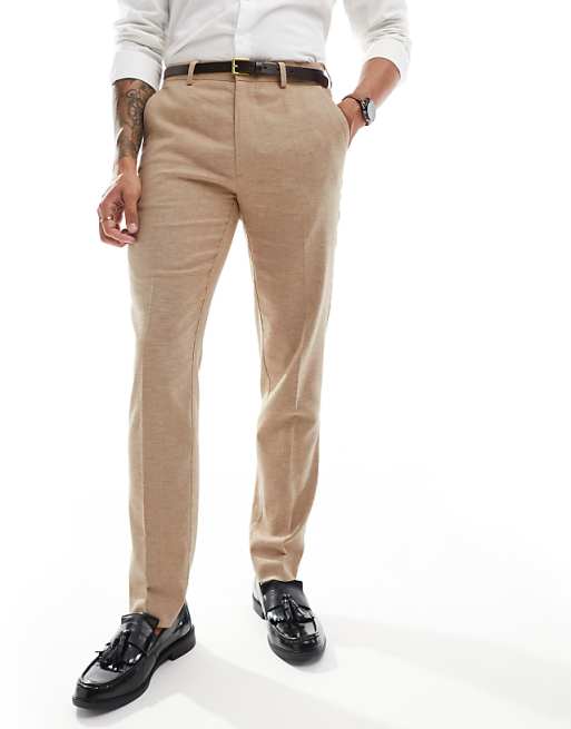 ASOS DESIGN slim herringbone suit pants with linen in stone ASOS DESIGN slim herringbone suit pants with linen in stone