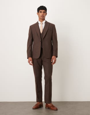 Asos Design Slim Herringbone Suit Pants With Wool In Brown
