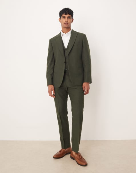ASOS DESIGN slim herringbone suit trouser with wool in dark green