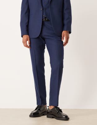 Asos Design Slim Herringbone Suit Pants With Wool In Blue