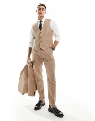 ASOS DESIGN slim herringbone suit trouser with linen in stone