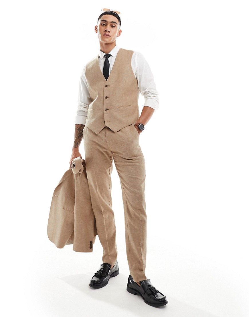 ASOS DESIGN slim herringbone suit trouser with linen in stone-Brown